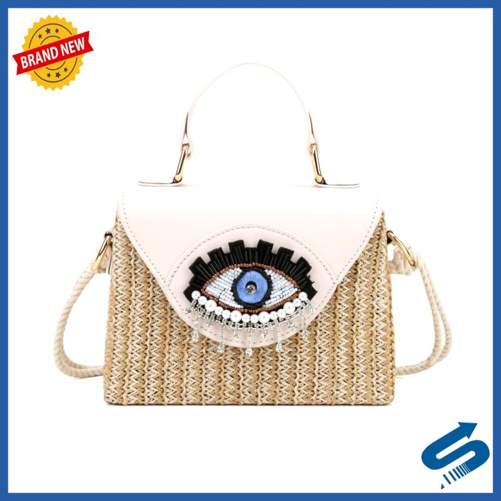 Handmade Bohemian Straw Crossbody Bag with Evil Eye Embellishment